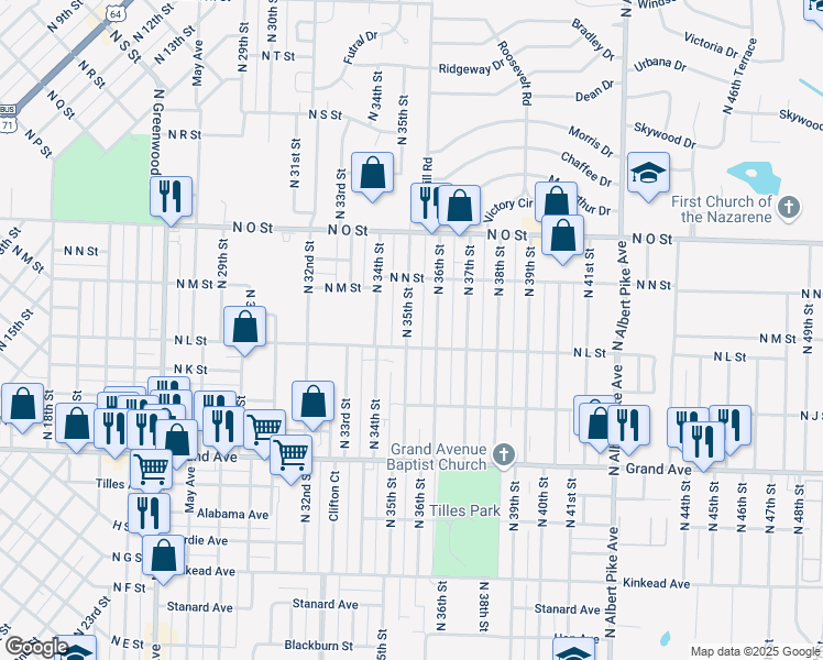 map of restaurants, bars, coffee shops, grocery stores, and more near 1400 North 35th Street in Fort Smith