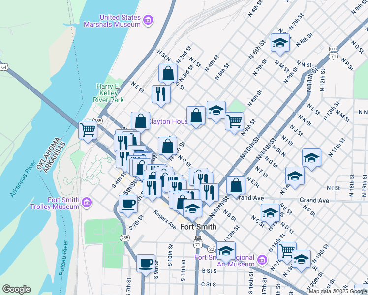 map of restaurants, bars, coffee shops, grocery stores, and more near 309 North 7th Street in Fort Smith