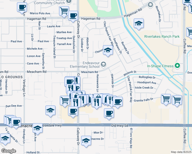 map of restaurants, bars, coffee shops, grocery stores, and more near 3303 Kennewick Lane in Bakersfield