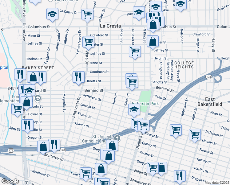 map of restaurants, bars, coffee shops, grocery stores, and more near 511 Bernard Street in Bakersfield