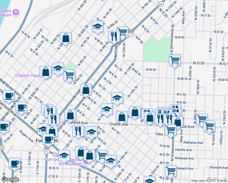 map of restaurants, bars, coffee shops, grocery stores, and more near 912 North 13th Street in Fort Smith