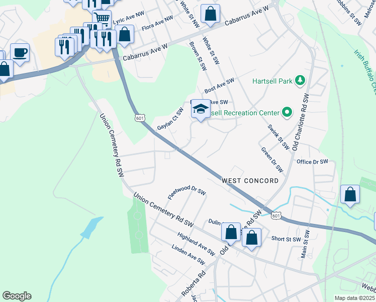 map of restaurants, bars, coffee shops, grocery stores, and more near Sunderland Road Southwest in Concord