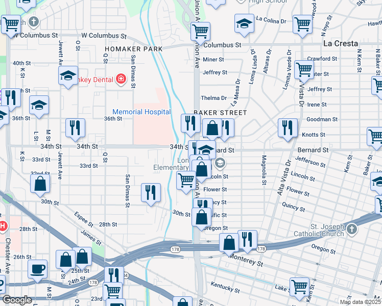 map of restaurants, bars, coffee shops, grocery stores, and more near 3333 Union Avenue in Bakersfield