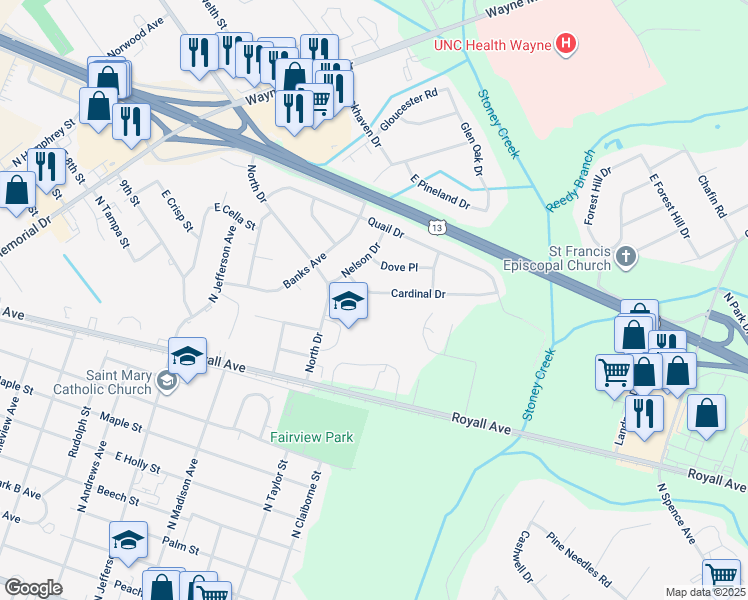 map of restaurants, bars, coffee shops, grocery stores, and more near 410 Cardinal Drive in Goldsboro
