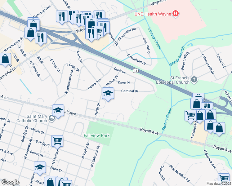 map of restaurants, bars, coffee shops, grocery stores, and more near 410 Cardinal Drive in Goldsboro