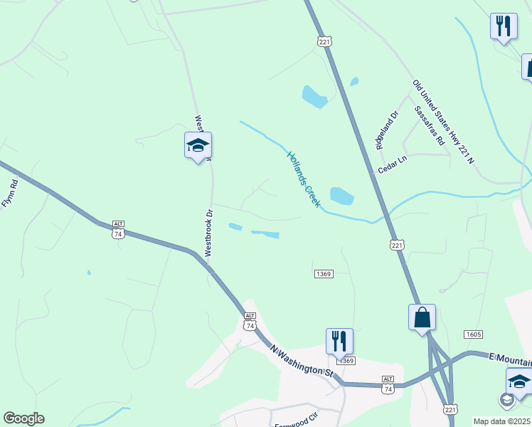 map of restaurants, bars, coffee shops, grocery stores, and more near 189 Meadow Crossing Drive in Rutherfordton