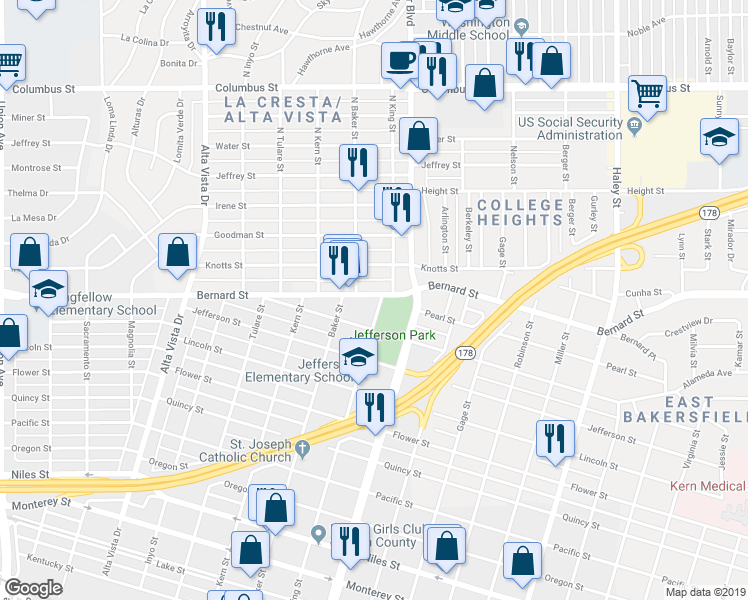 map of restaurants, bars, coffee shops, grocery stores, and more near 2030 King Street in Bakersfield