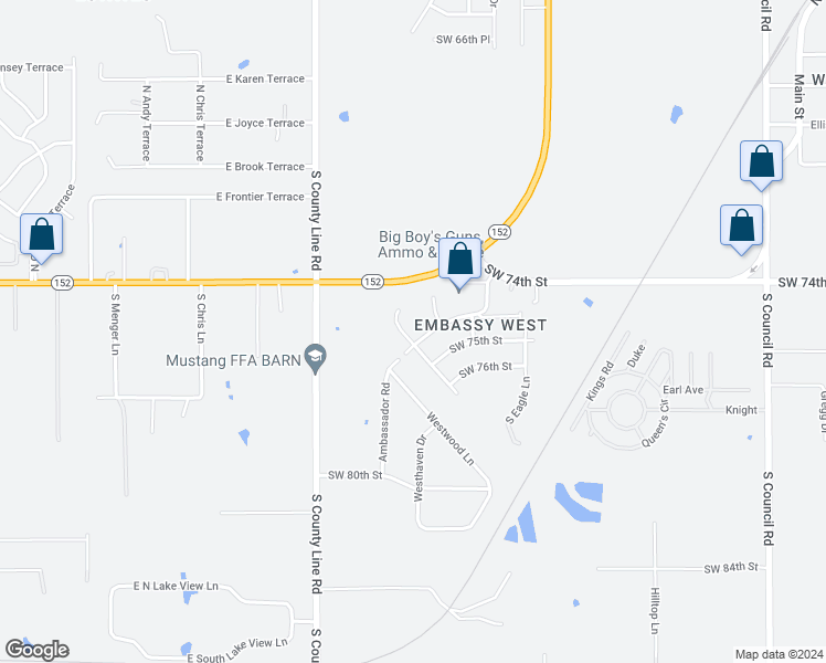 map of restaurants, bars, coffee shops, grocery stores, and more near 7540 Embassy Terrace in Oklahoma City