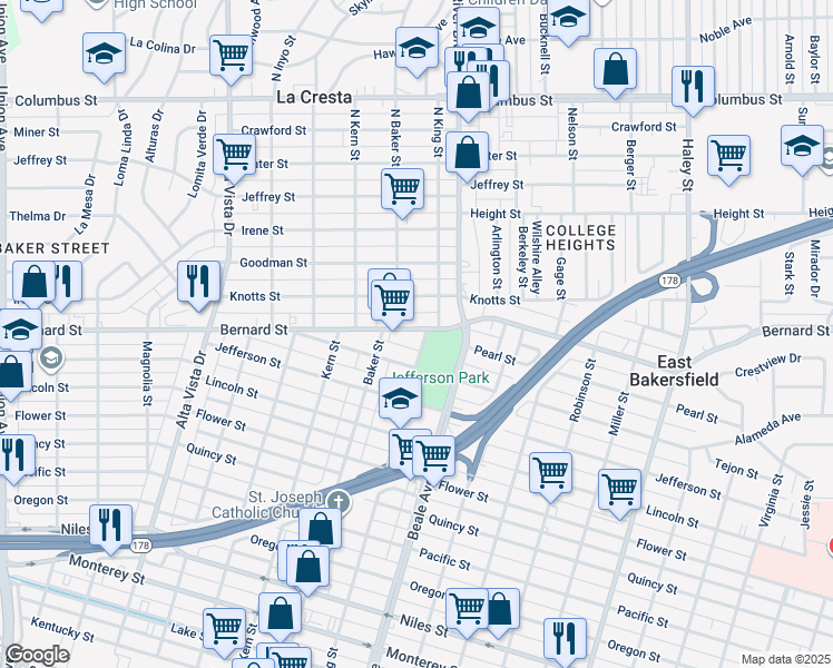 map of restaurants, bars, coffee shops, grocery stores, and more near 2030 King Street in Bakersfield
