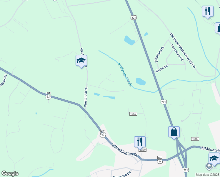 map of restaurants, bars, coffee shops, grocery stores, and more near 189 Meadow Crossing Drive in Rutherfordton