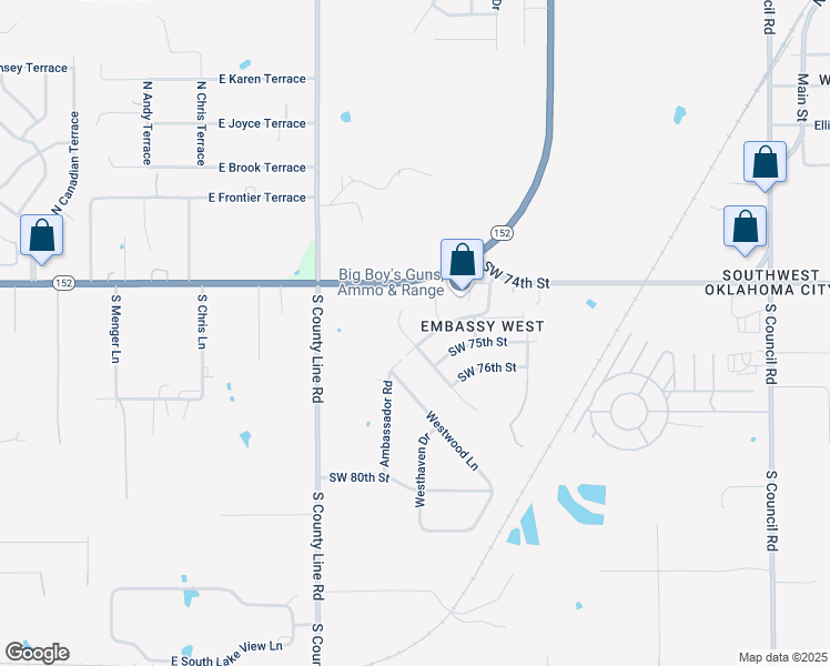 map of restaurants, bars, coffee shops, grocery stores, and more near 7553 Embassy Terrace in Oklahoma City