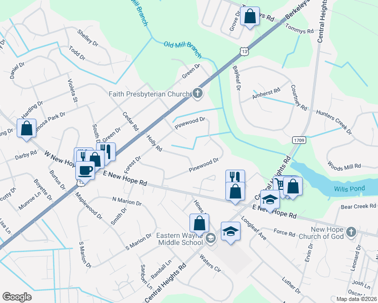 map of restaurants, bars, coffee shops, grocery stores, and more near 219 Holly Road in Goldsboro
