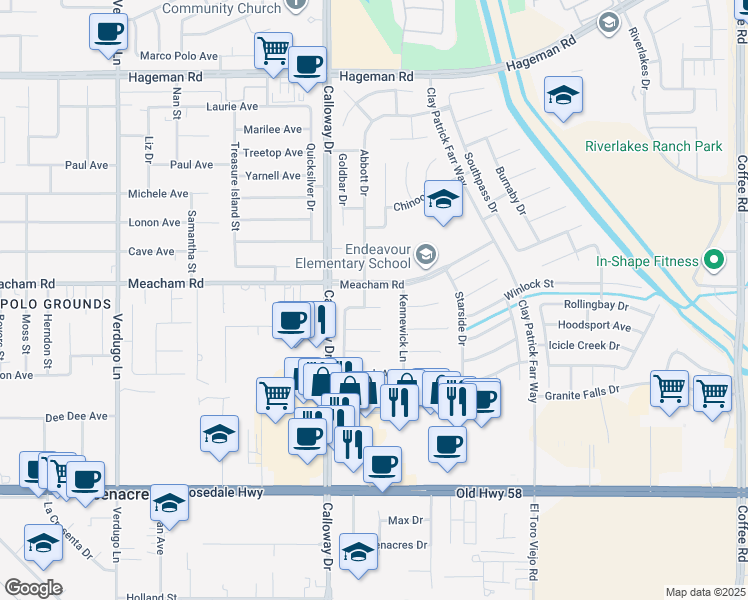 map of restaurants, bars, coffee shops, grocery stores, and more near 9405 Colfax Court in Bakersfield