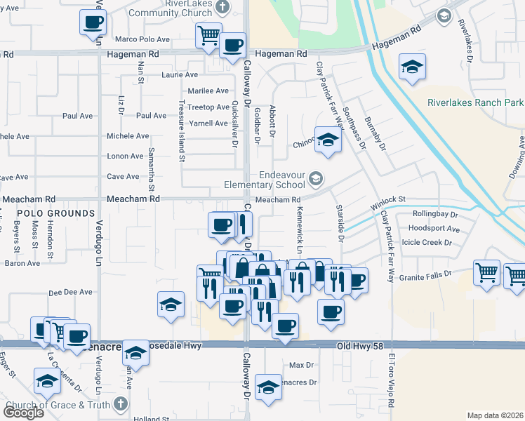 map of restaurants, bars, coffee shops, grocery stores, and more near 9510 Colfax Court in Bakersfield