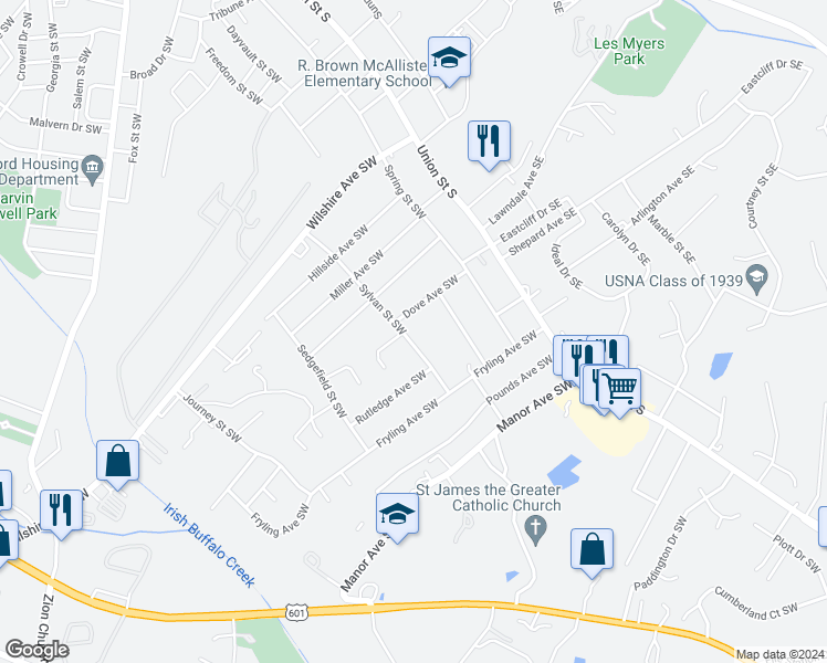 map of restaurants, bars, coffee shops, grocery stores, and more near 671 Sylvan Street Southwest in Concord