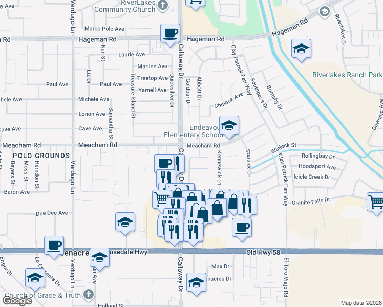 map of restaurants, bars, coffee shops, grocery stores, and more near 9510 Colfax Court in Bakersfield