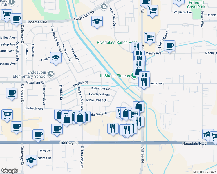 map of restaurants, bars, coffee shops, grocery stores, and more near 8508 Rollingbay Drive in Bakersfield