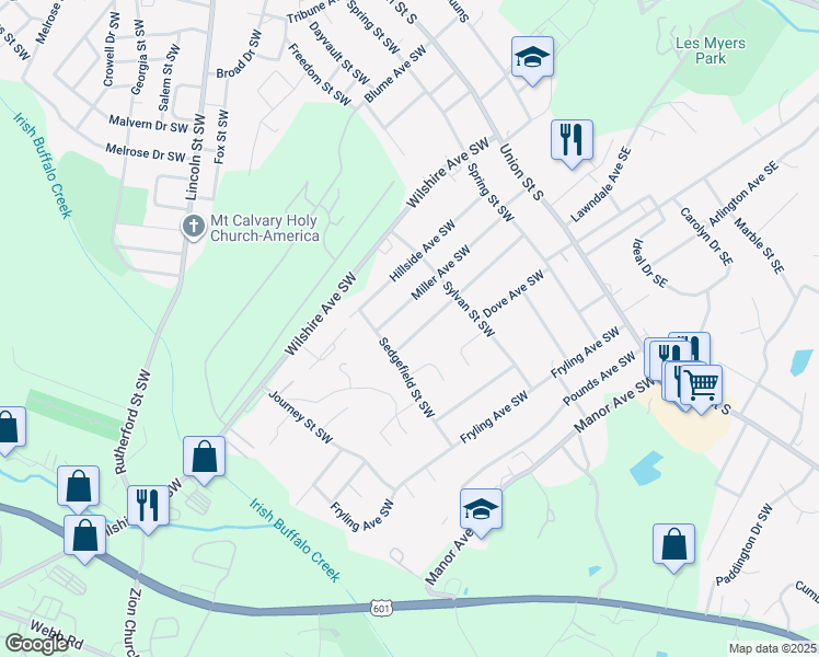map of restaurants, bars, coffee shops, grocery stores, and more near 194 Marshdale Avenue Southwest in Concord