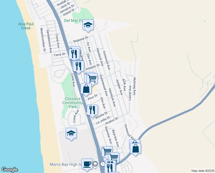 map of restaurants, bars, coffee shops, grocery stores, and more near 2631 Hemlock Avenue in Morro Bay