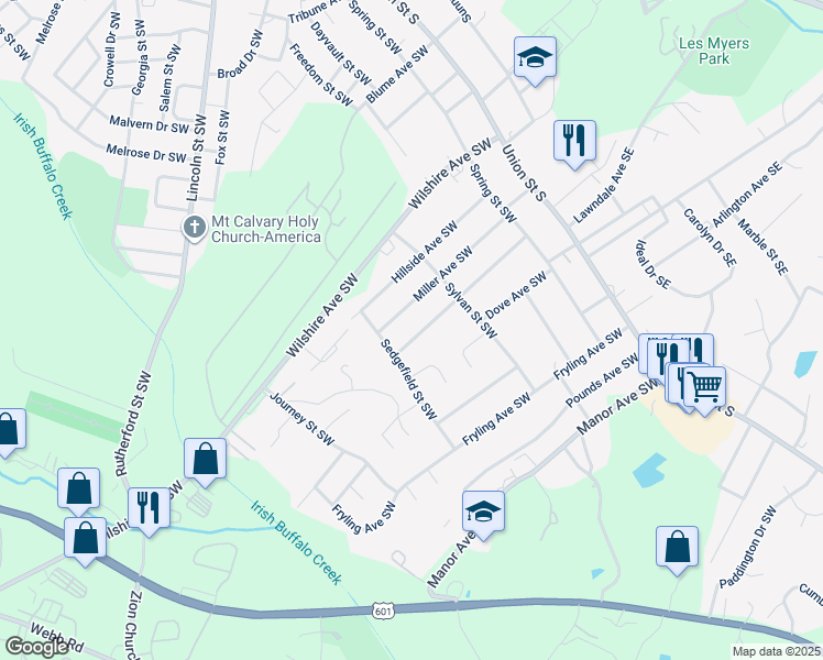 map of restaurants, bars, coffee shops, grocery stores, and more near 194 Marshdale Avenue Southwest in Concord
