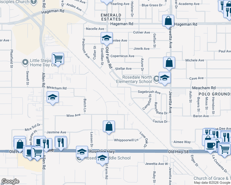 map of restaurants, bars, coffee shops, grocery stores, and more near 11920 Nebula Court in Bakersfield