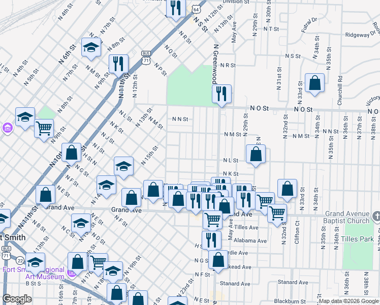 map of restaurants, bars, coffee shops, grocery stores, and more near 1922 North L Street in Fort Smith