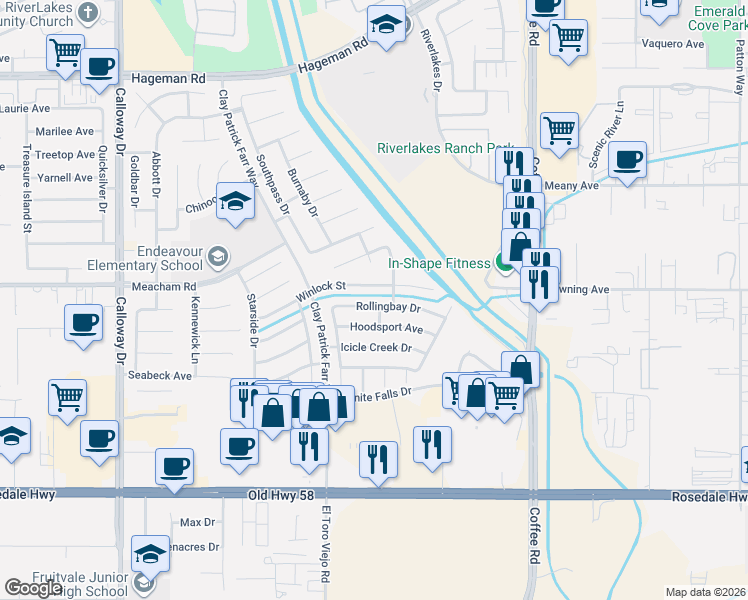 map of restaurants, bars, coffee shops, grocery stores, and more near 8616 Hoodsport Avenue in Bakersfield