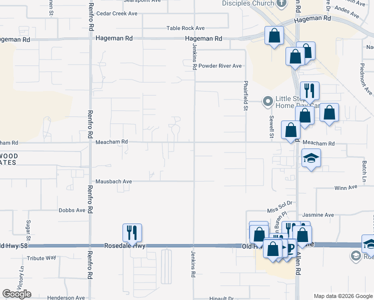 map of restaurants, bars, coffee shops, grocery stores, and more near 3249 Jenkins Road in Bakersfield