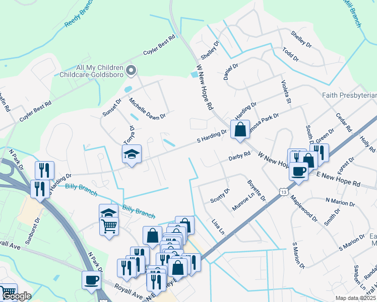map of restaurants, bars, coffee shops, grocery stores, and more near 302 South Harding Drive in Goldsboro