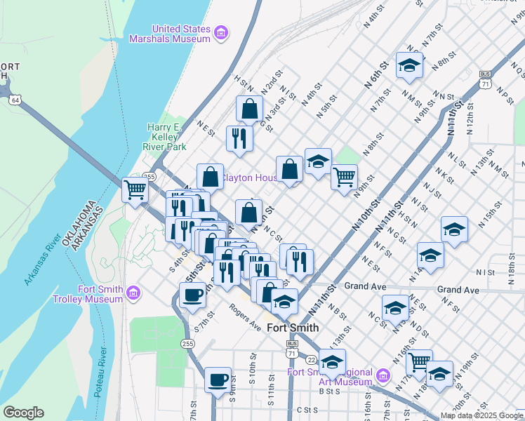 map of restaurants, bars, coffee shops, grocery stores, and more near 215 North 6th Street in Fort Smith