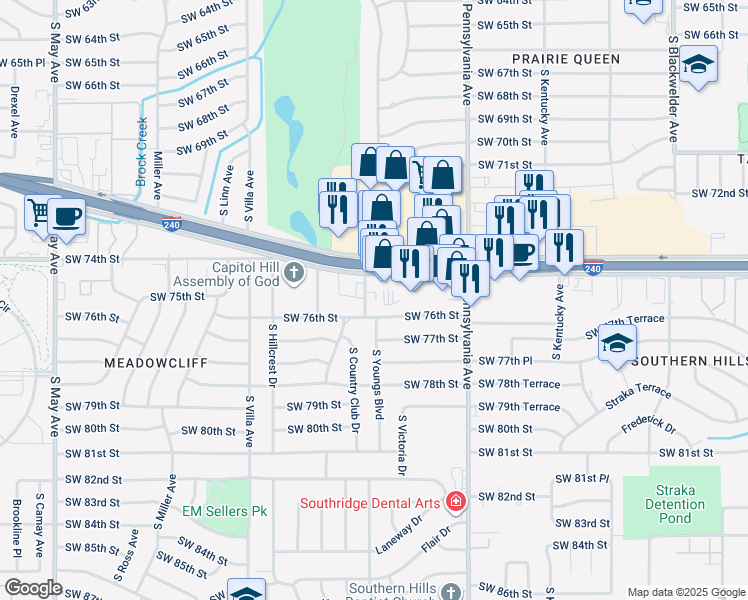 map of restaurants, bars, coffee shops, grocery stores, and more near 2304 Southwest 76th Street in Oklahoma City
