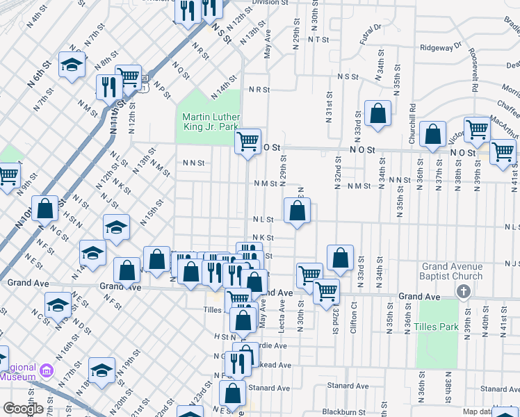 map of restaurants, bars, coffee shops, grocery stores, and more near 1413 May Avenue in Fort Smith