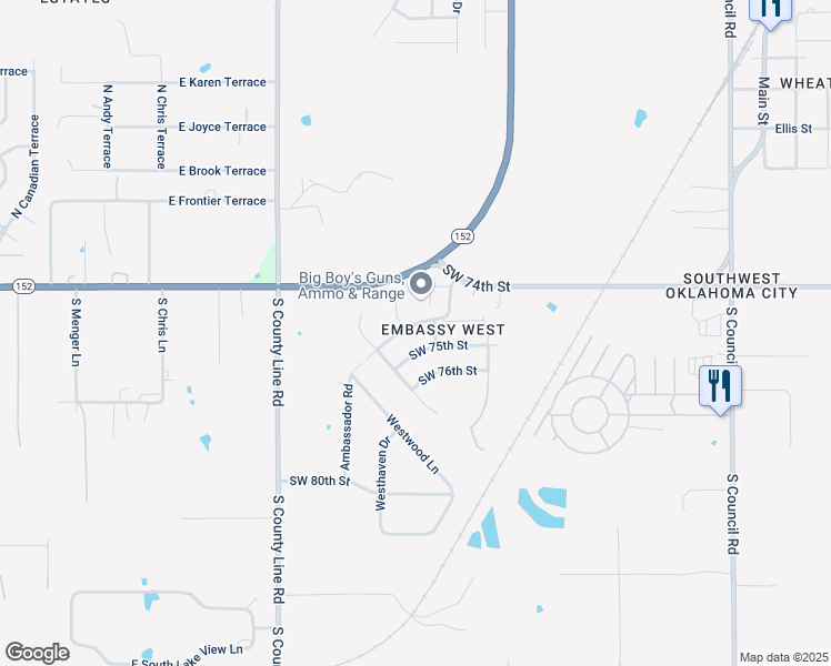 map of restaurants, bars, coffee shops, grocery stores, and more near 8625 Southwest 75th Street in Oklahoma City