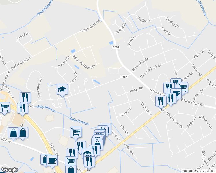 map of restaurants, bars, coffee shops, grocery stores, and more near 300 South Harding Drive in Goldsboro