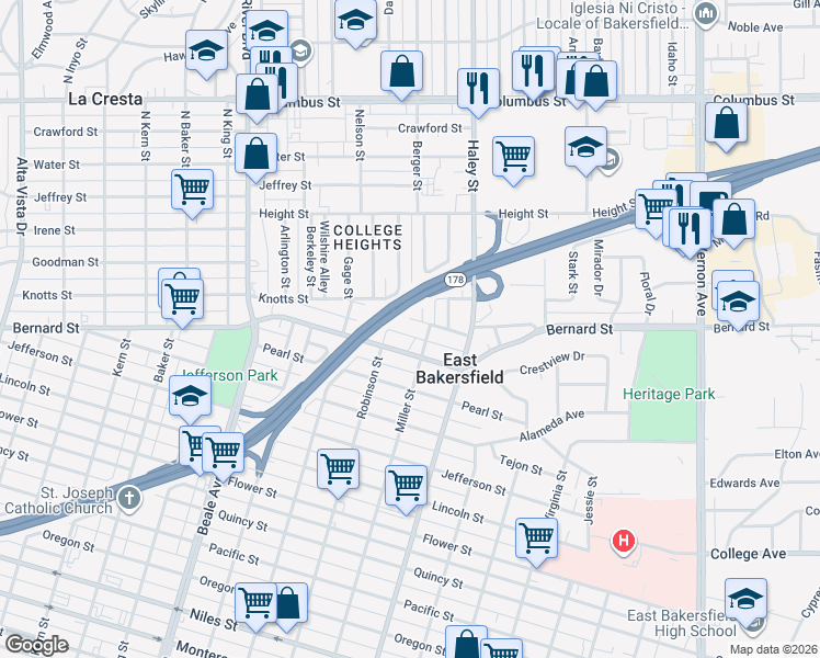 map of restaurants, bars, coffee shops, grocery stores, and more near 1230 Bernard Street in Bakersfield