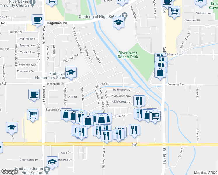 map of restaurants, bars, coffee shops, grocery stores, and more near 8806 Rollingbay Drive in Bakersfield