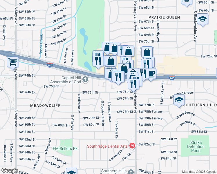 map of restaurants, bars, coffee shops, grocery stores, and more near 2304 Southwest 76th Street in Oklahoma City