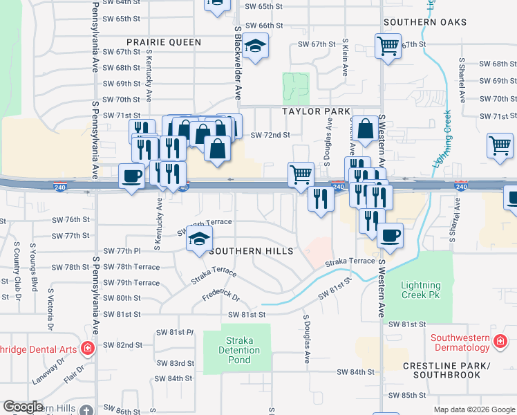 map of restaurants, bars, coffee shops, grocery stores, and more near 1220 West Interstate 240 Service Road in Oklahoma City