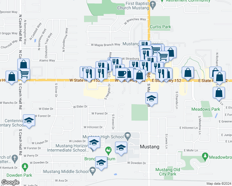 map of restaurants, bars, coffee shops, grocery stores, and more near 331 West Birch Drive in Mustang