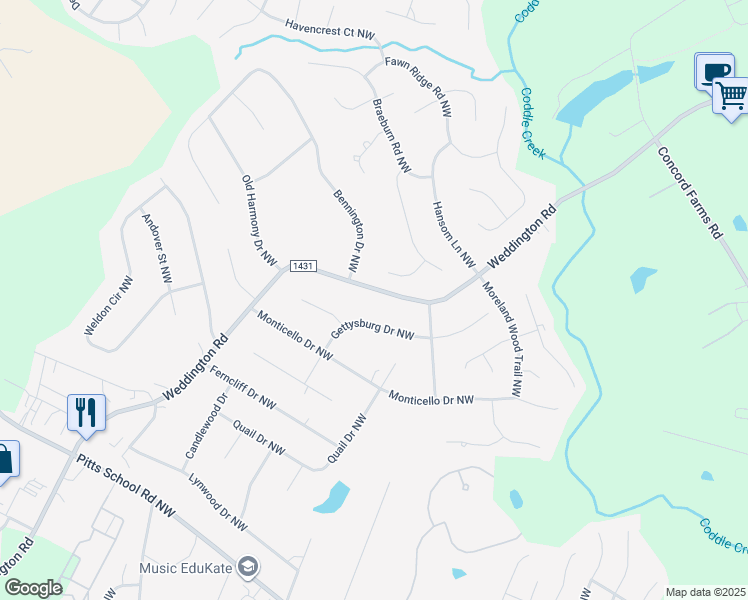 map of restaurants, bars, coffee shops, grocery stores, and more near 1200 Bennington Drive Northwest in Concord