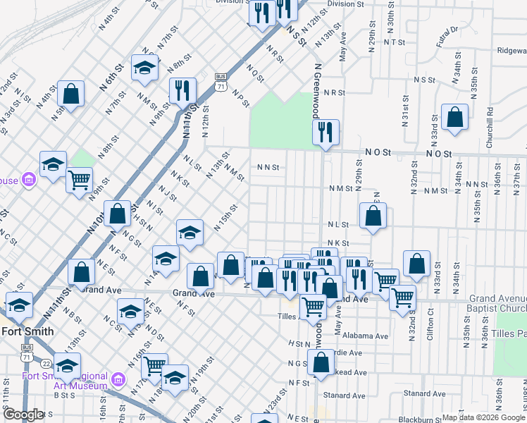 map of restaurants, bars, coffee shops, grocery stores, and more near 1415 North 19th Street in Fort Smith