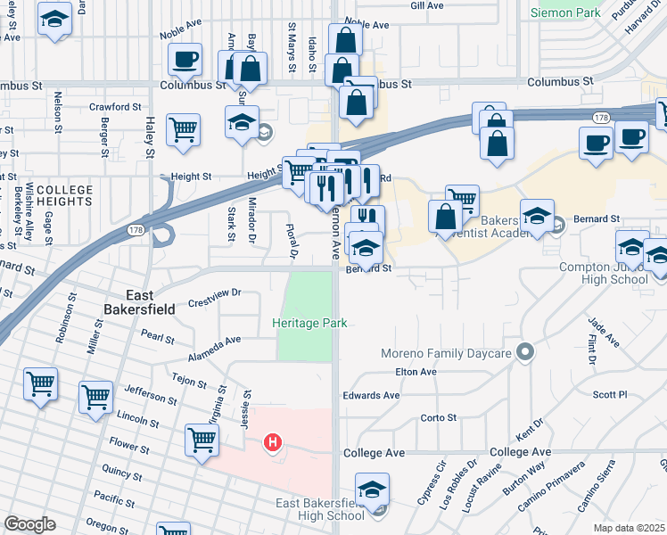 map of restaurants, bars, coffee shops, grocery stores, and more near Mount Vernon Avenue & Bernard Street in Bakersfield