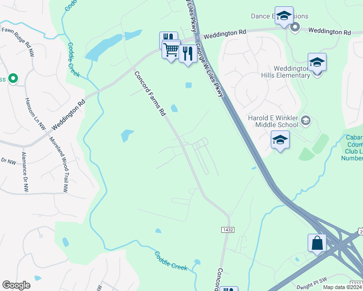 map of restaurants, bars, coffee shops, grocery stores, and more near 1600 Concord Farms Road in Concord