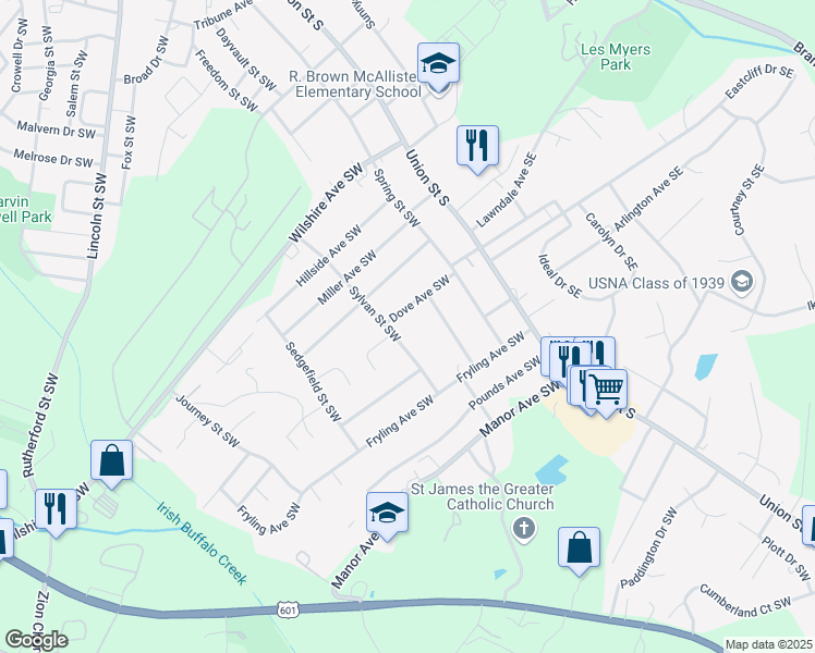 map of restaurants, bars, coffee shops, grocery stores, and more near 671 Sylvan Street Southwest in Concord