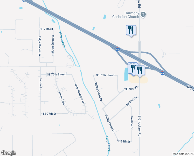 map of restaurants, bars, coffee shops, grocery stores, and more near 14715 Southeast 75th Street in Choctaw
