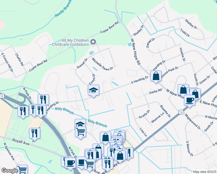map of restaurants, bars, coffee shops, grocery stores, and more near 705 South Harding Drive in Goldsboro