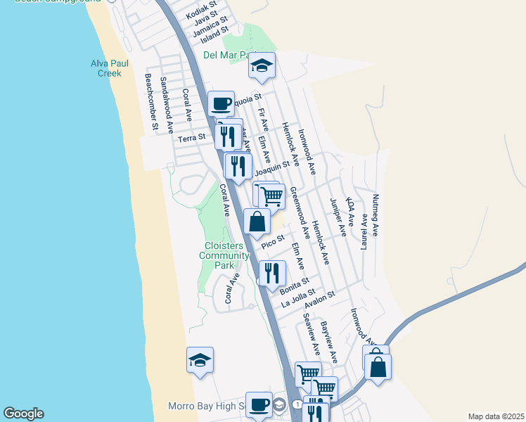 map of restaurants, bars, coffee shops, grocery stores, and more near 2650 Main Street in Morro Bay