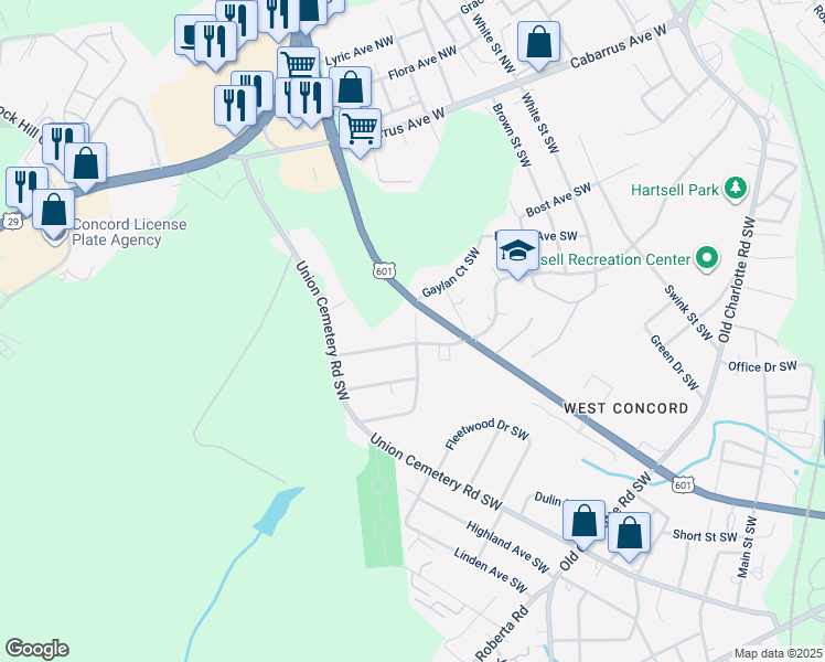 map of restaurants, bars, coffee shops, grocery stores, and more near 972 Rockland Circle Southwest in Concord