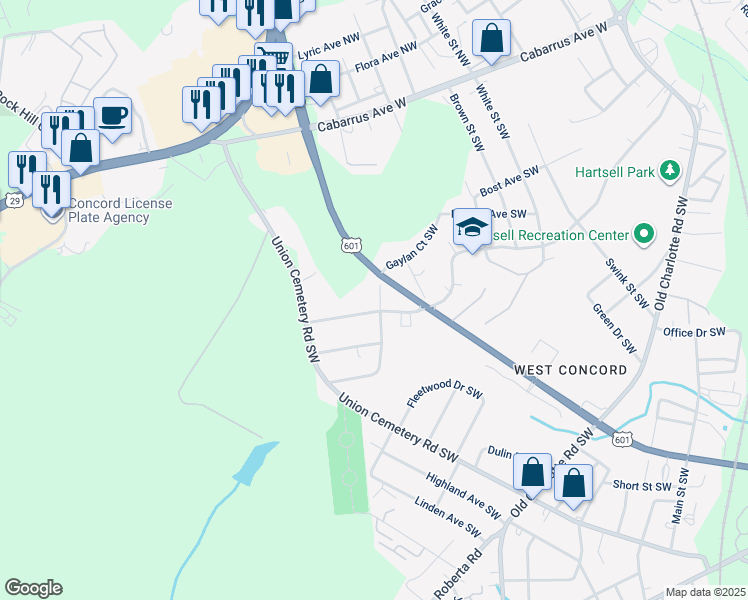 map of restaurants, bars, coffee shops, grocery stores, and more near 972 Rockland Circle Southwest in Concord
