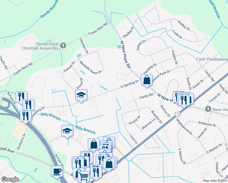 map of restaurants, bars, coffee shops, grocery stores, and more near 302 South Harding Drive in Goldsboro